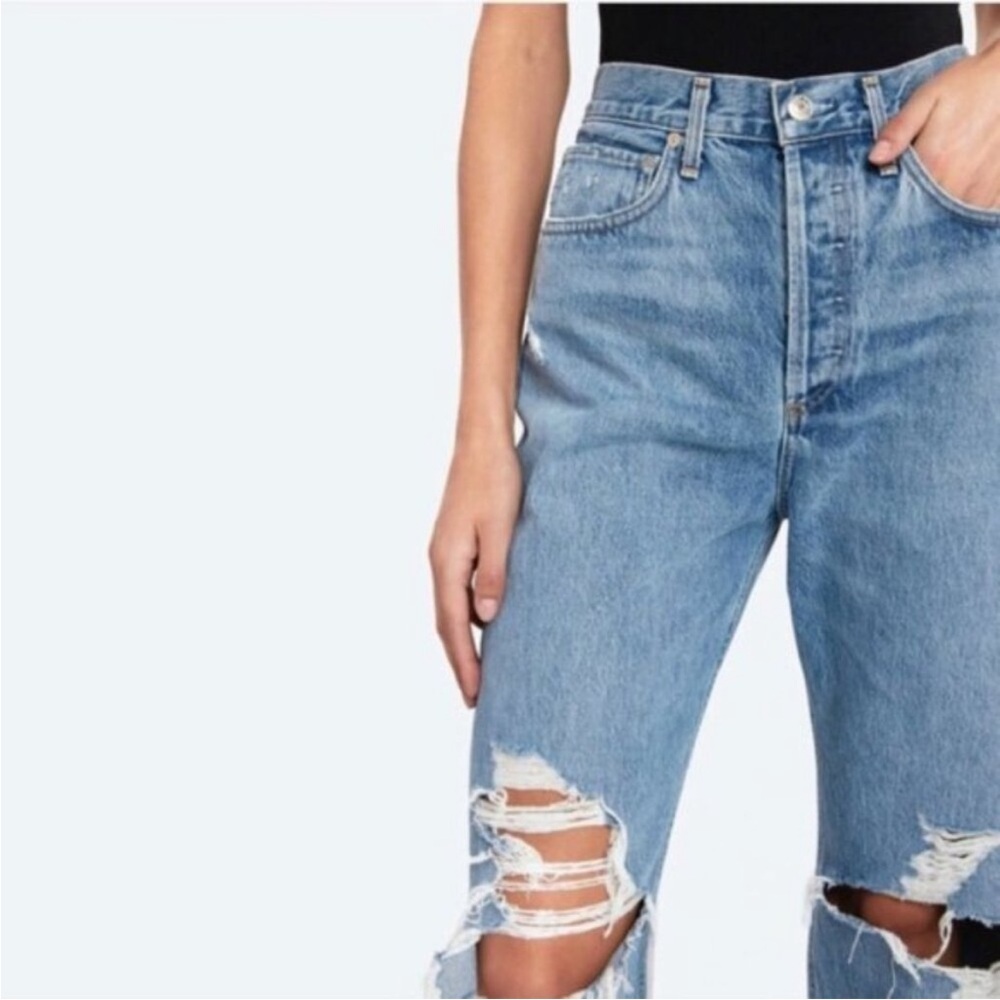 Agolde 90s Mid Rise Loose Fit Straight Distressed‎ Blown Out Knee Jeans Sz 25 - Picture 3 of 16